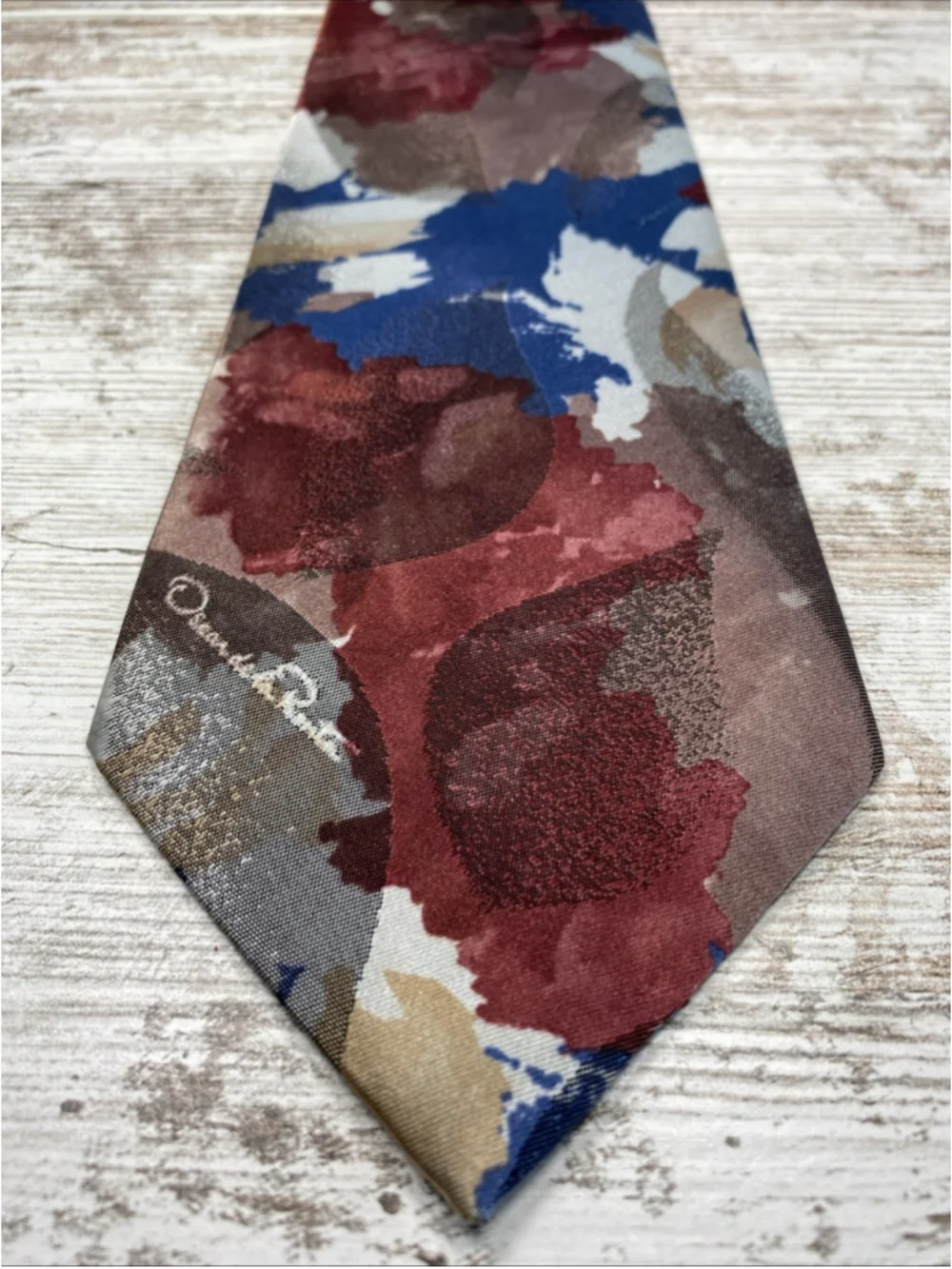 Oscar De La Renta Studio Tie Abstract Floral Burgundy Blue USA 57x4 Mens Necktie